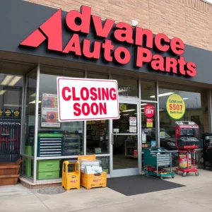 Advance Auto Parts store with sign indicating closure