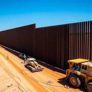 Construction of the border wall between the United States and Mexico with workers and equipment.