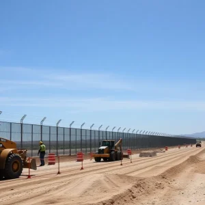 Construction crews working on the border wall in Tijuana