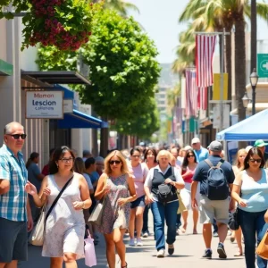 A vibrant California street filled with people shopping and dining.