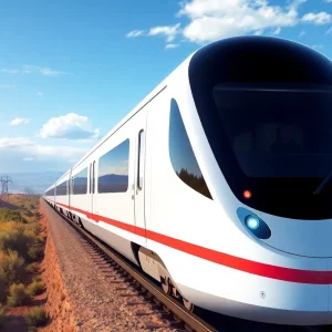 Illustration of a futuristic high-speed rail train in California's landscape.