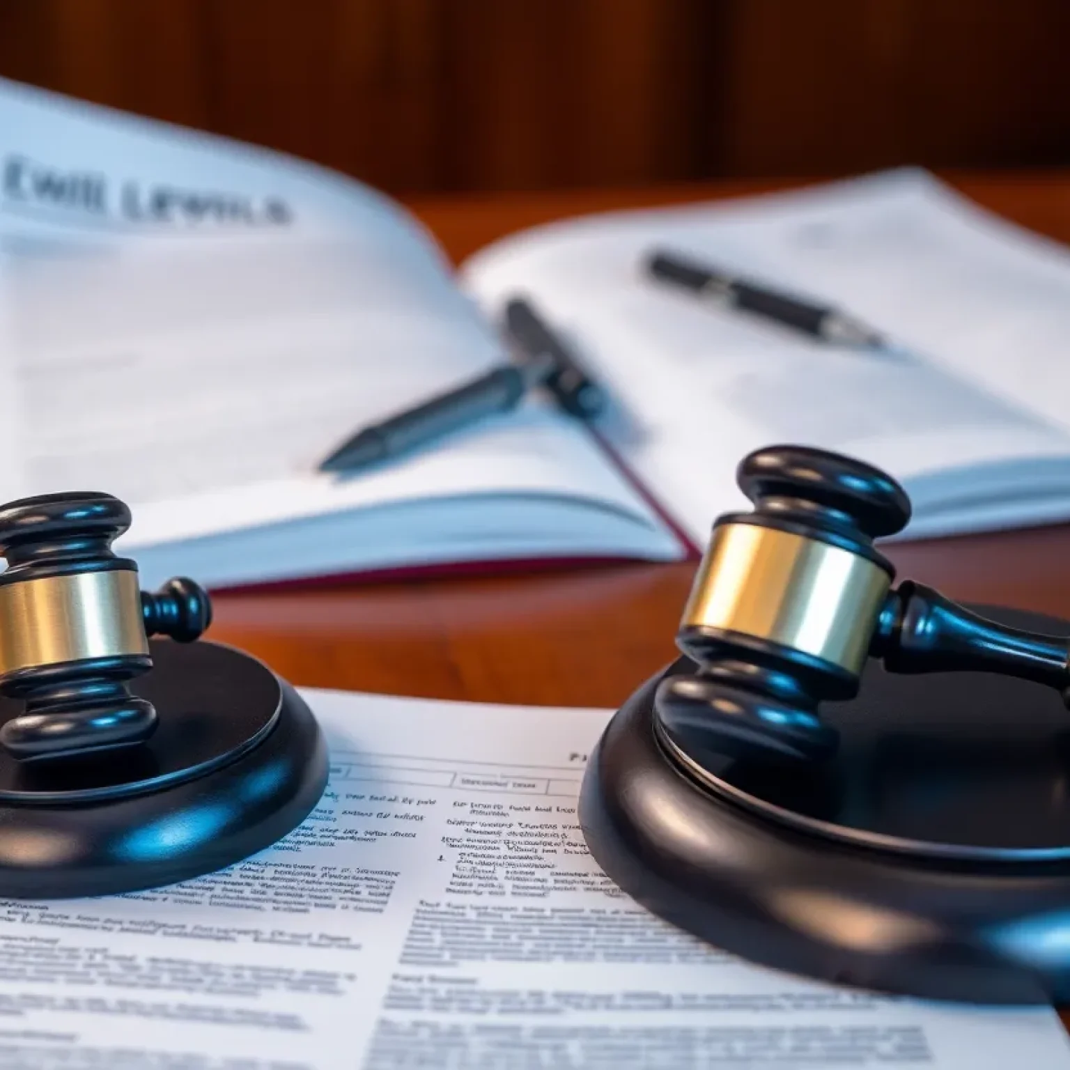 A courtroom with gavel and legal documents