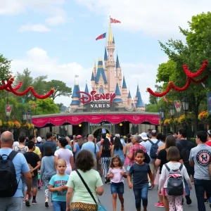 Families entering a Disney park with excitement and joy.