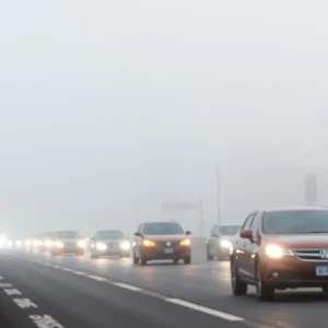 Foggy road in San Diego with cars navigating low visibility