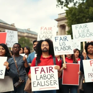 University employees holding protest signs for fair labor practices.