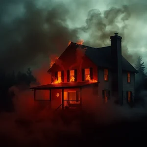 Conceptual image of a house affected by wildfires showing smoke around it