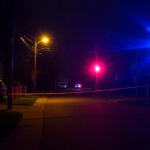 Police lights in a quiet Anaheim neighborhood during a crime investigation