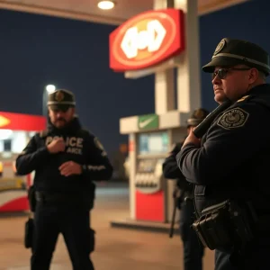 Police officers at the scene of a shooting incident at a gas station in Anaheim.