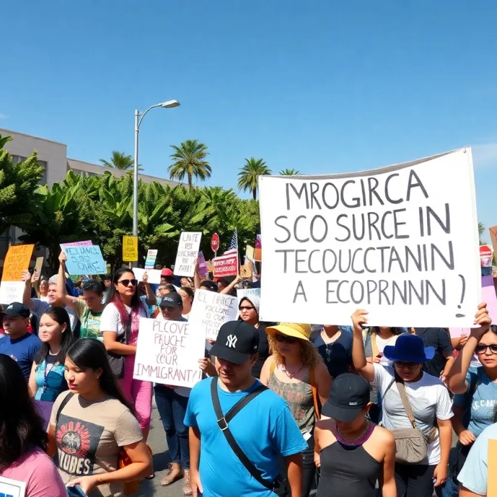 Crowds gathered in Anaheim holding banners for immigrant rights and education reform.