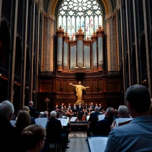 Interior of Christ Cathedral during the Bach-a-thon featuring musicians and an audience.