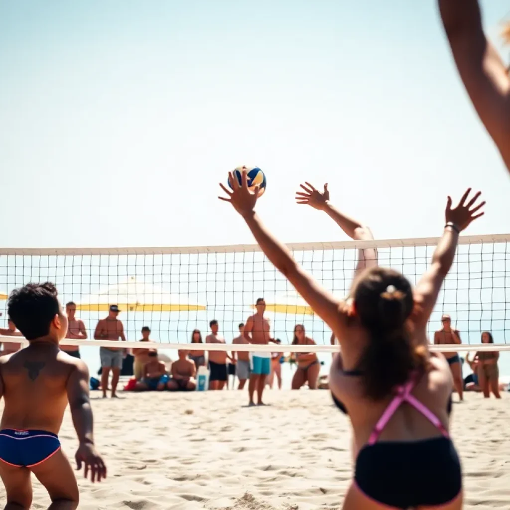 Bakersfield beach volleyball team celebrating a victory on the court.