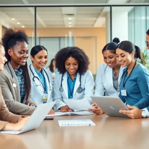 Team of healthcare professionals discussing strategies in a corporate office.