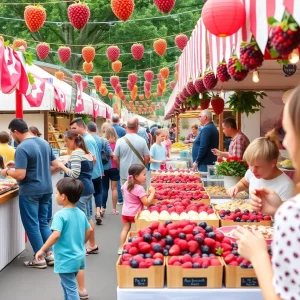 Families enjoying the Boysenberry Festival with food stalls and decorations.
