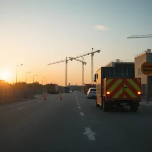 Construction site at sunrise highlighting safety