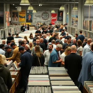 A bustling vinyl record show with vendors and collectors enjoying music in an indoor space.