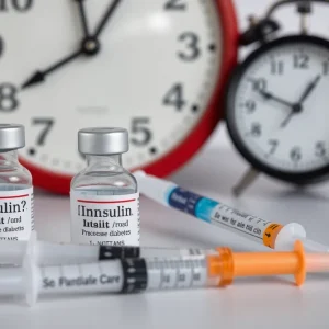 Insulin vials and syringes with a clock symbolizing delays in the affordable insulin initiative