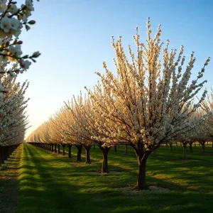 A scenic view of an almond orchard in California with blooming trees.