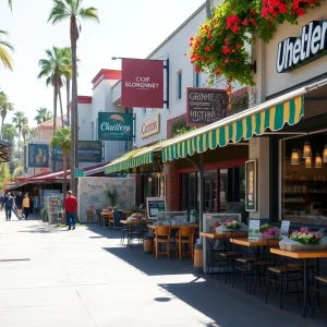 Vibrant California street scene with retail and food establishments