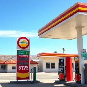 Gas station in California with visible gas price signs