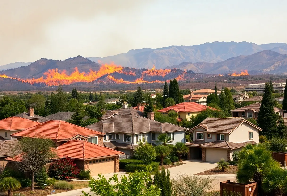 California landscape with homes affected by wildfires