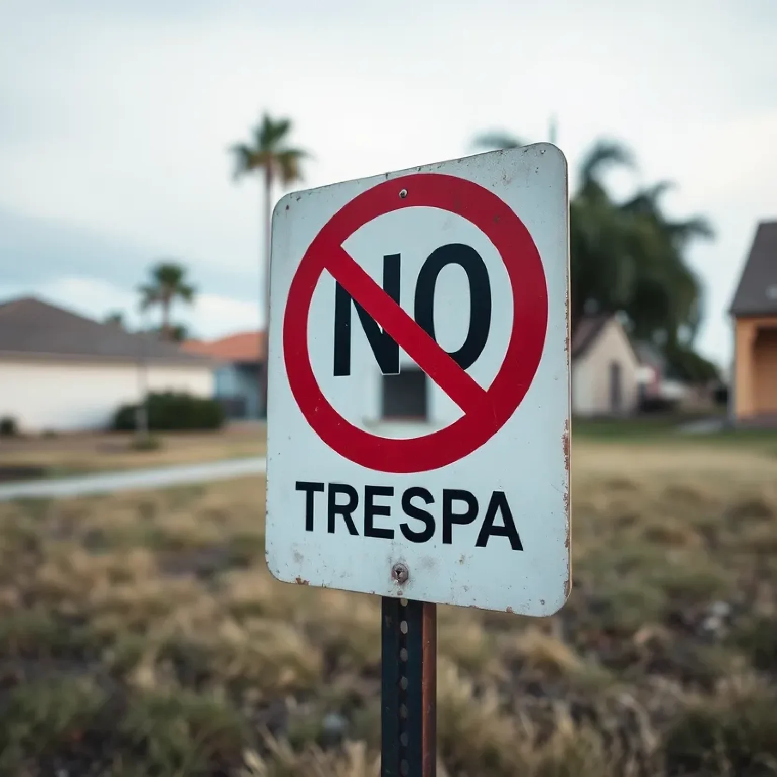 A neighborhood in California with an empty property and a 'No Trespassing' sign