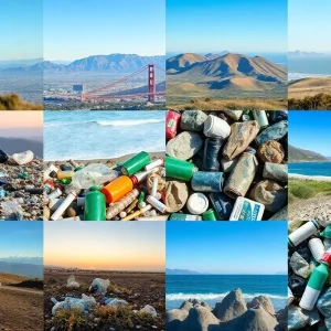 Visual representation of plastic waste in California juxtaposed with business elements.