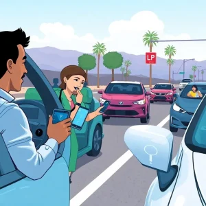 An illustration of California roads with electric cars and a mileage tracking device.