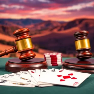 Legal battle representation with gavel and playing cards