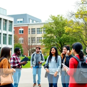 A diverse group of college students on campus engaging in conversation.