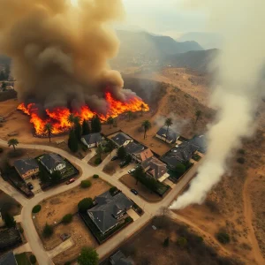 Aerial view of a wildfire-affected area in California with destroyed homes and scorched land.
