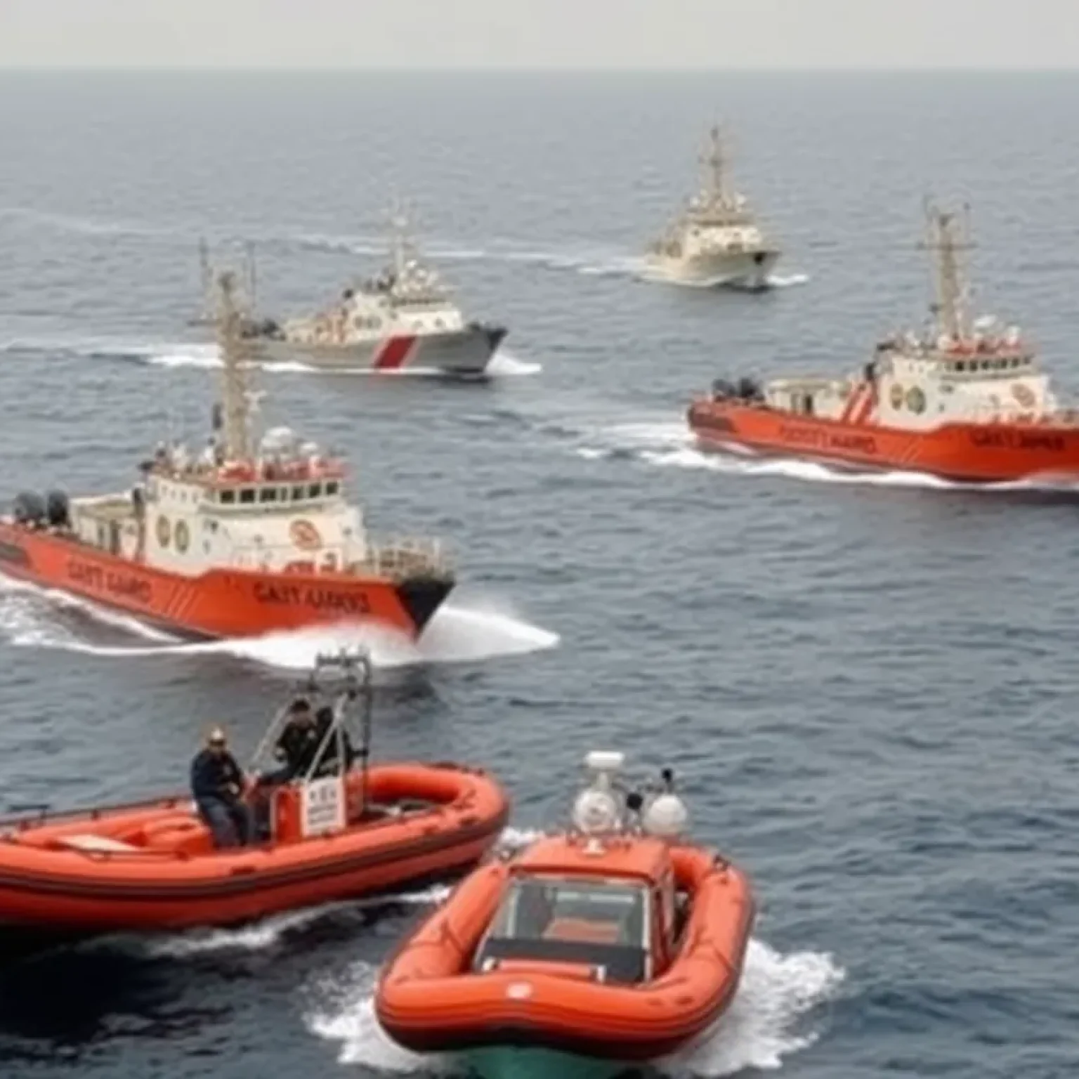 U.S. Coast Guard vessels during an interception operation at sea.