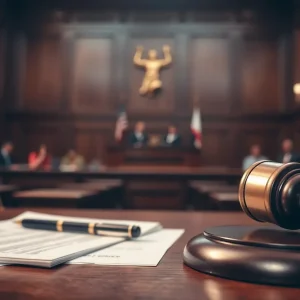 Courtroom scene depicting themes of justice and fraud.
