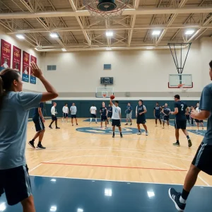Student-athletes practicing basketball at Cal State Fullerton