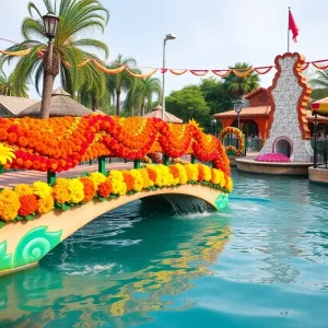 Colorful representation of Disneyland's It's a Small World attraction with musical elements.