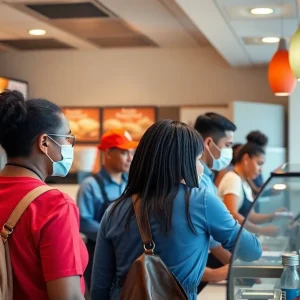 Diverse fast food workers assisting customers at a busy restaurant.