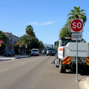 Street sweeping in Fullerton with vehicles moved for effective cleaning.