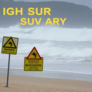Beach under high surf advisory with large crashing waves and warning signs.
