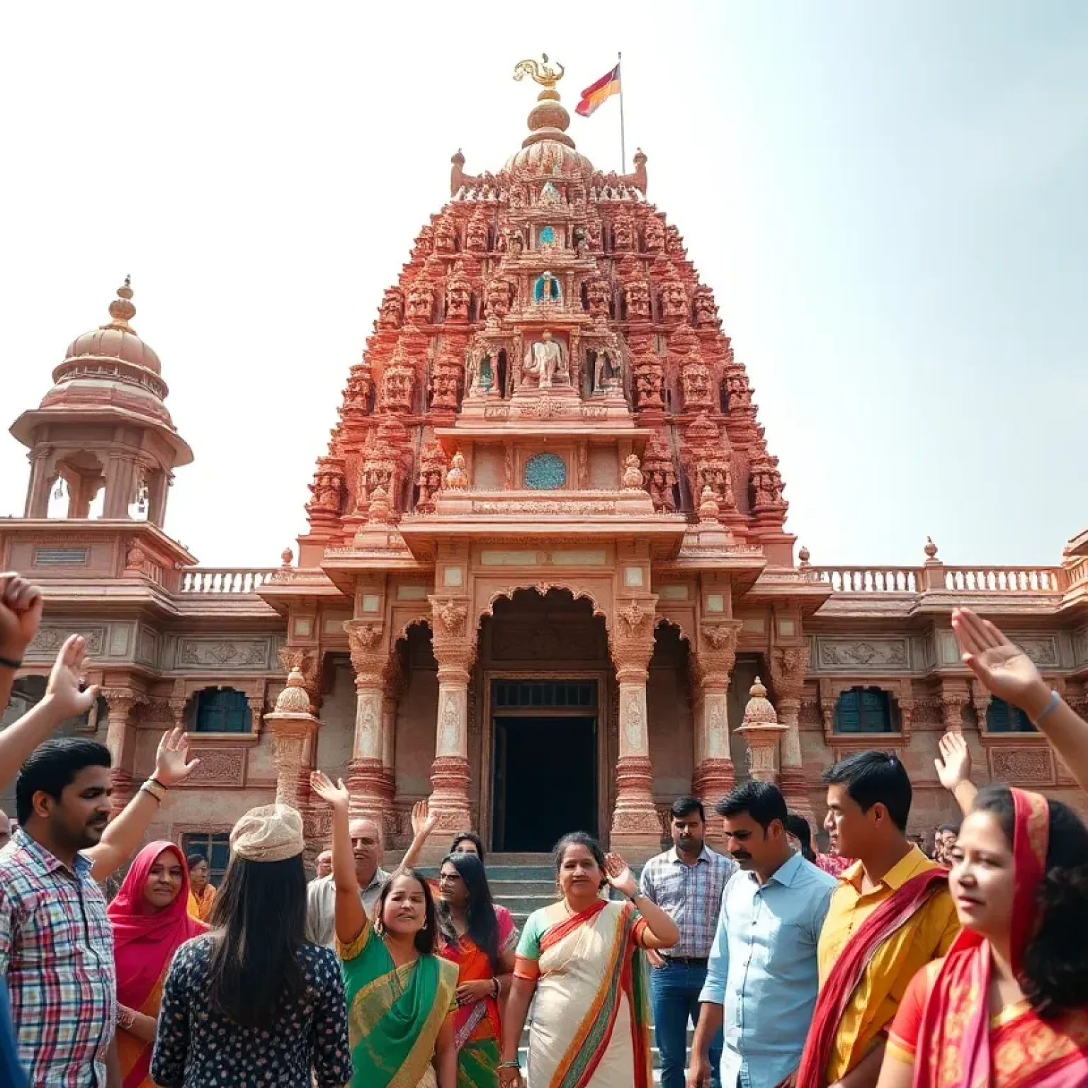 Hindu temple with intricate architecture and community members gathered in solidarity.