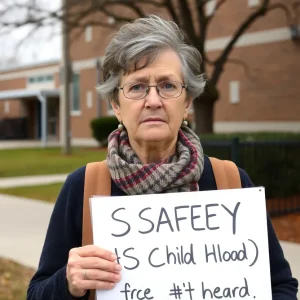 Parent advocating for student safety outside a school