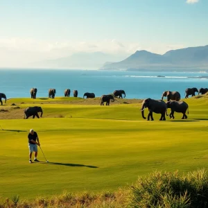 Golfers playing on a beautiful coastal golf course supporting elephant conservation