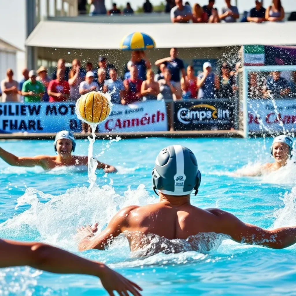 Athletes playing water polo during a match at Long Beach.
