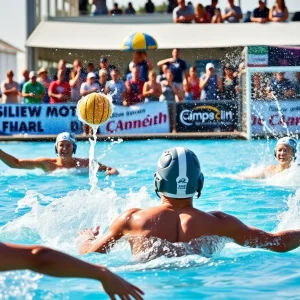 Athletes playing water polo during a match at Long Beach.
