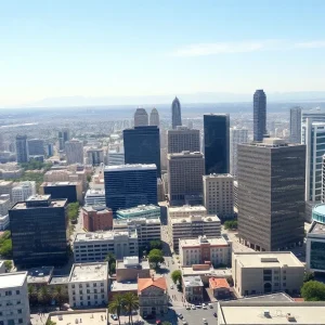 A view of Los Angeles cityscape focusing on office buildings and busy streets