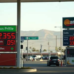 Gas station in Los Angeles displaying dropping gas prices