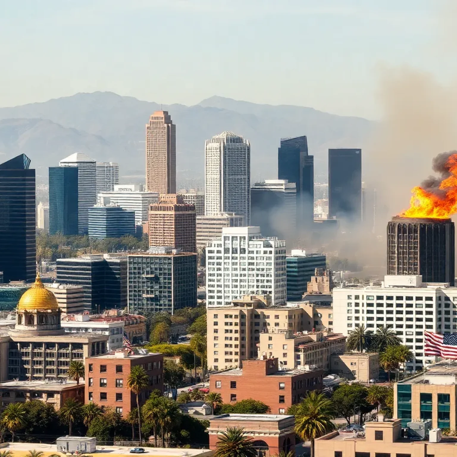 A view of Los Angeles showing wildfire damage and insurance offices.