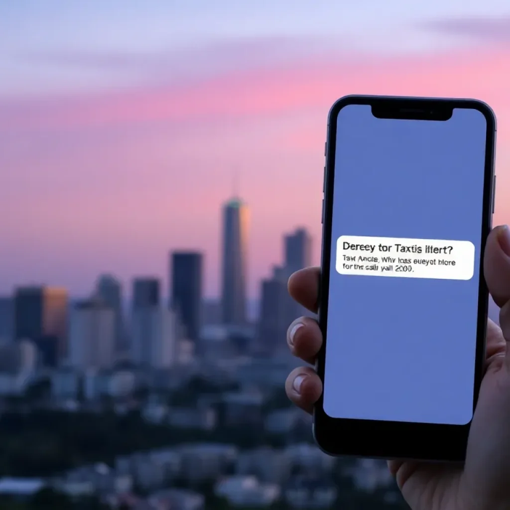Alert about tax scams on a smartphone with Los Angeles backdrop