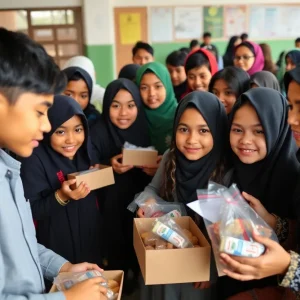 Diverse students receiving meal kits during Ramadan in a school setting.
