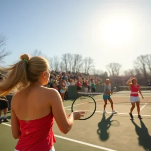A women's tennis match featuring players competing under sunny skies at a college tournament.