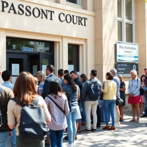 Crowd gathered outside Orange County Courthouse for Passport Day