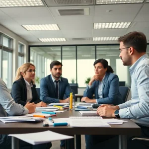 Employees in an office debating over a table surrounded by messy paperwork.